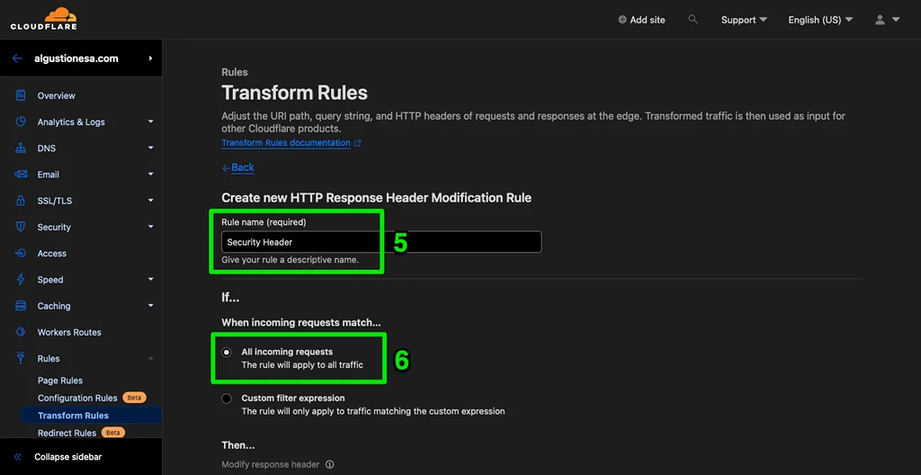 Steps 5 to 6: How to Add Security Headers Using Cloudflare.