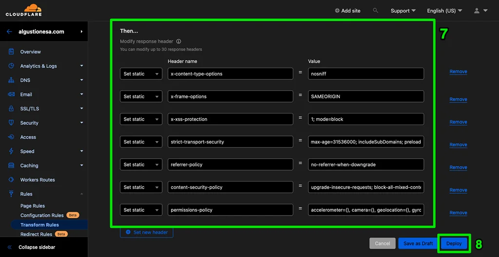 Steps 7 to 8: How to Add Security Headers Using Cloudflare.