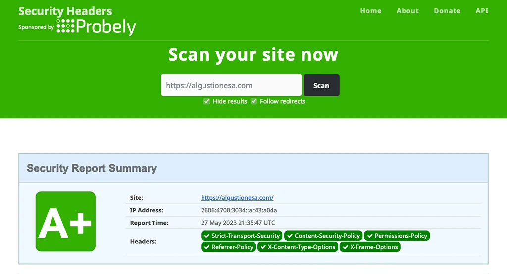 Scan results of algustionesa.com's security header