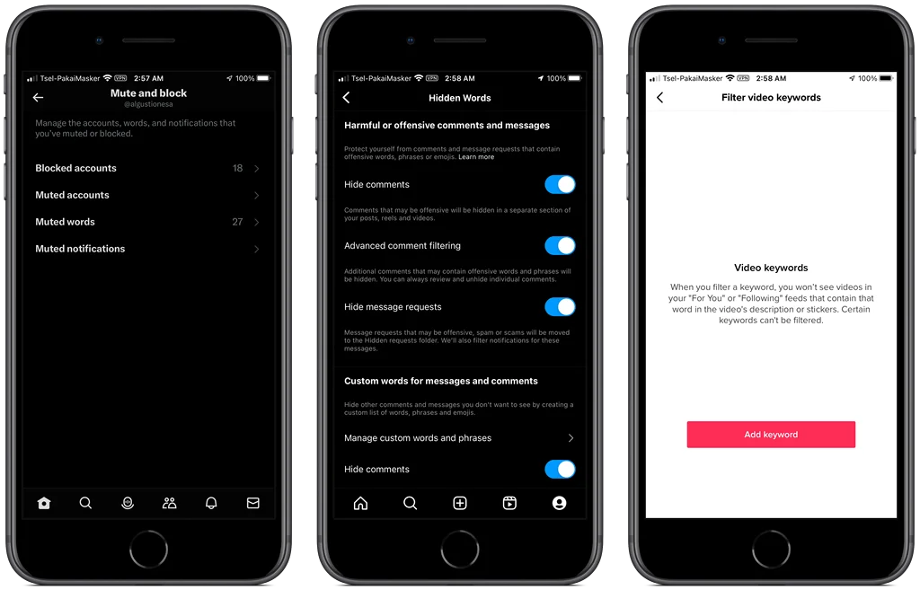 From left to right, the settings screens of Twitter, Instagram, and TikTok are used for filtering certain words on their platforms. This is an area where YouTube falls short.