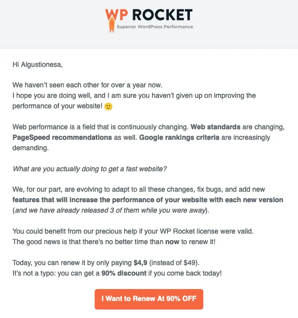 The email from WP Rocket offered me a whopping 90% discount for renewing my subscription.